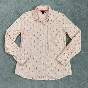 Tommy Hilfiger Women’s Medium Pink White Striped Button Down Shirt Top Anchor